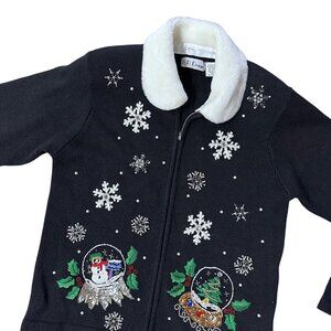 Vintage Embellished Christmas Sweater Detachable Faux Fur Collar Tree Snowmen